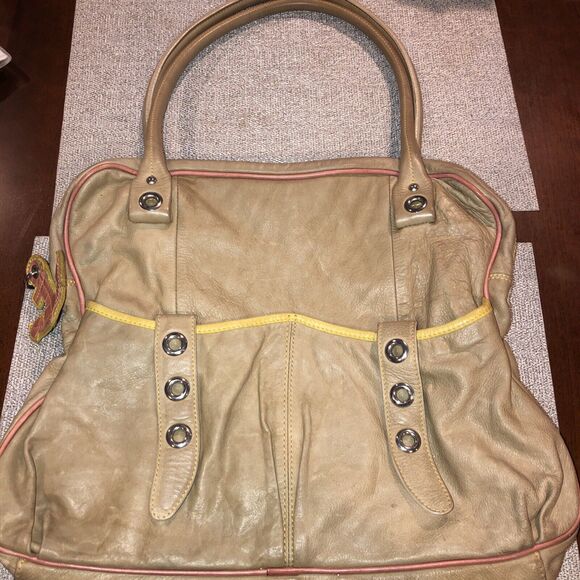 Sofia C Beige Shoulder Satchel Bag Pebbled Leather Made in Italy Large EUC
